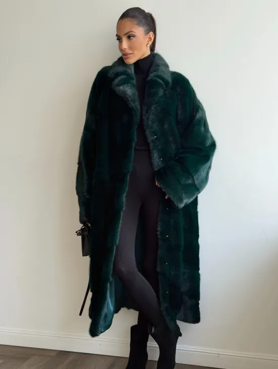 Зеленая норковая шуба - английский воротник