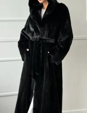Чёрная норковая шуба модель «кимоно» с капюшоном кобра