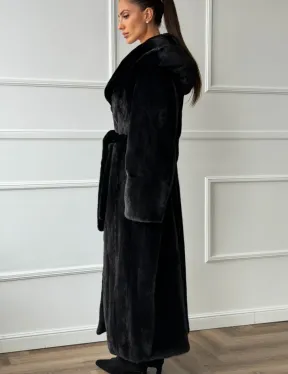 Чёрная норковая шуба модель «кимоно» с капюшоном кобра