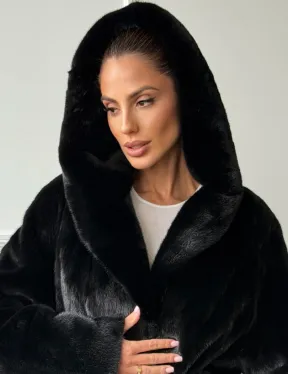 Чёрная норковая шуба модель «кимоно» с капюшоном кобра