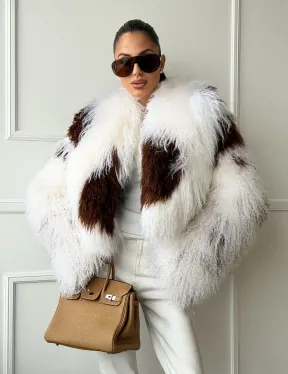 Шубка из ламы бело-коричневая