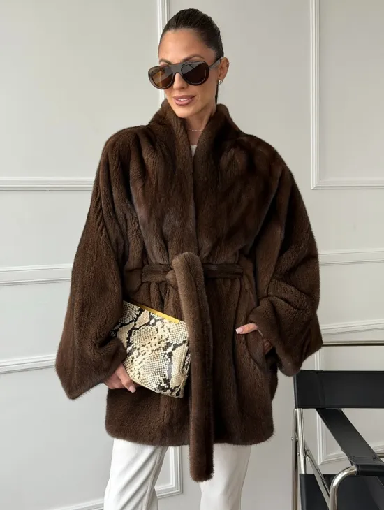 Норковый полушубок с меховым поясом - Летучая мышь