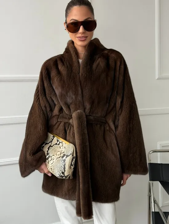 Норковый полушубок с меховым поясом - Летучая мышь