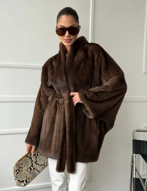 Норковый полушубок с меховым поясом - Летучая мышь