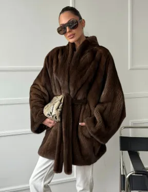 Норковый полушубок с меховым поясом - Летучая мышь