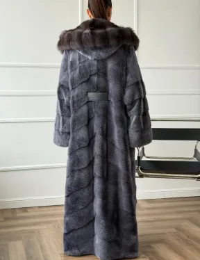 Длинная норковая шуба в пол с капюшоном куница