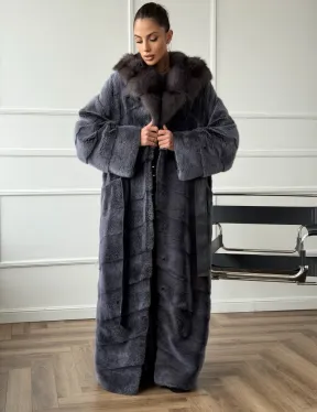Длинная норковая шуба в пол с капюшоном куница