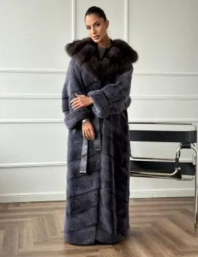 Длинная норковая шуба в пол с капюшоном куница