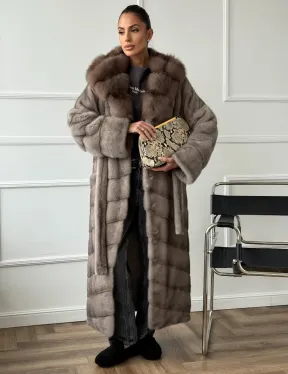 Шуба-кимоно норка в пол с капюшоном куница