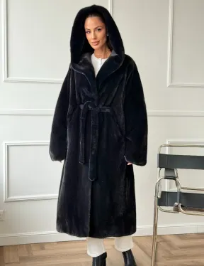 Шуба из норки BLACKGLAMA  с капюшоном в роспуск