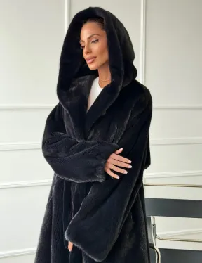 Шуба из норки BLACKGLAMA  с капюшоном в роспуск