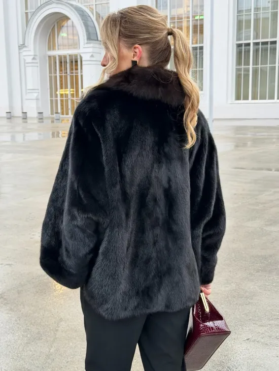 Черный норковый жакет с воротником куницы