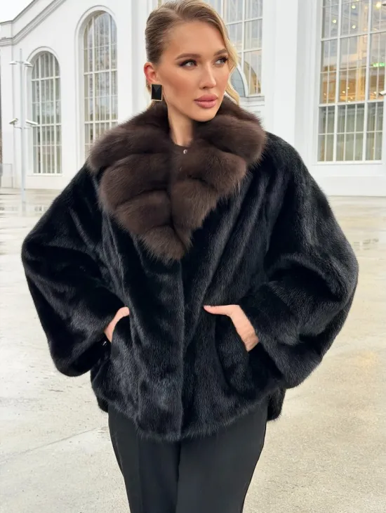 Черный норковый жакет с воротником куницы