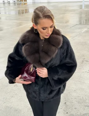 Черный норковый жакет с воротником куницы