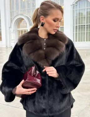 Черный норковый жакет с воротником куницы