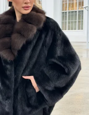 Черный норковый жакет с воротником куницы