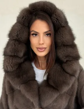 Меховой норковый полушубок с капюшоном куница