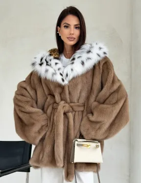 Шуба норковая пастель в роспуск с капюшоном под рысь