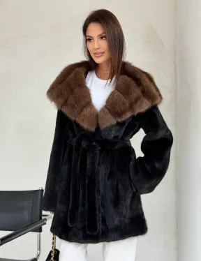 Черная шуба в роспуск с капюшоном соболь