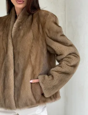 Укороченная шуба из натурального меха норки - пастель