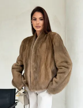 Укороченная шуба из натурального меха норки - пастель