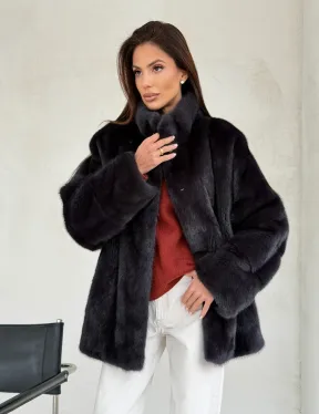 Норковый полушубок графит - стойка воротник