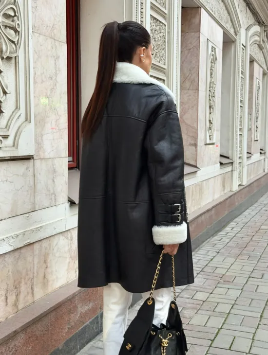 Дубленка авиатор длинная на белой овчине