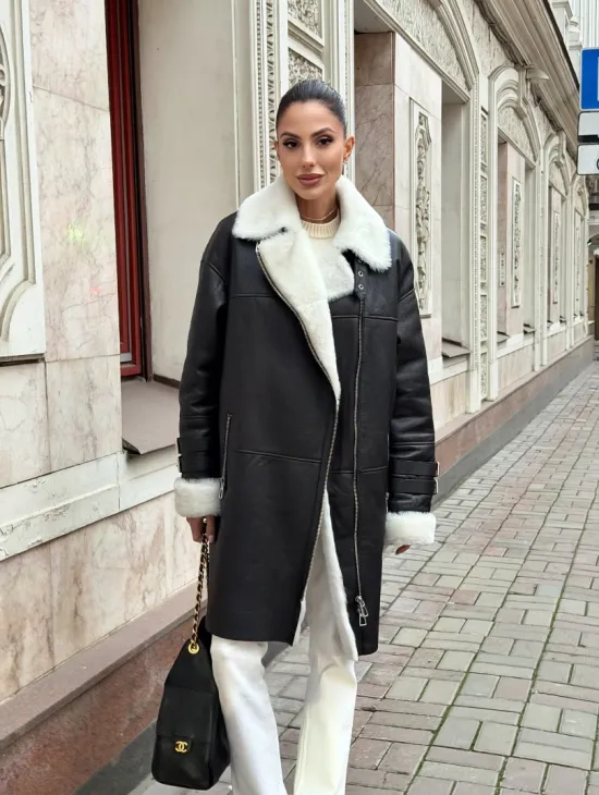 Дубленка авиатор длинная на белой овчине