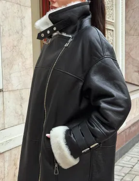 Дубленка авиатор длинная на белой овчине