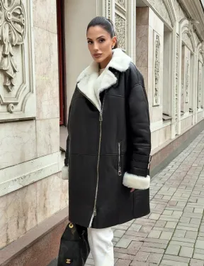 Дубленка авиатор длинная на белой овчине