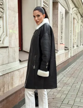 Дубленка авиатор длинная на белой овчине