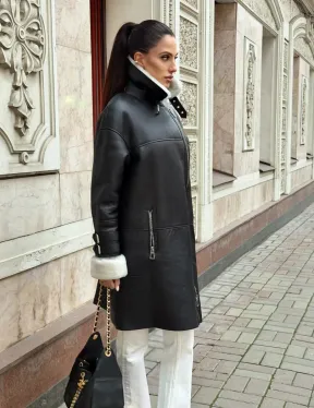 Дубленка авиатор длинная на белой овчине