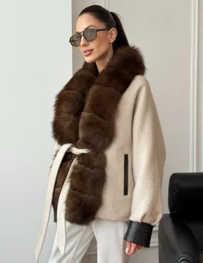 Женское шерстяное полупальто с мехом