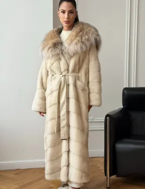Длинная норковая шуба - капюшон из меха рыси