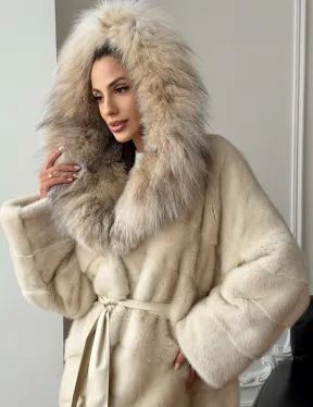 Длинная норковая шуба - капюшон из меха рыси