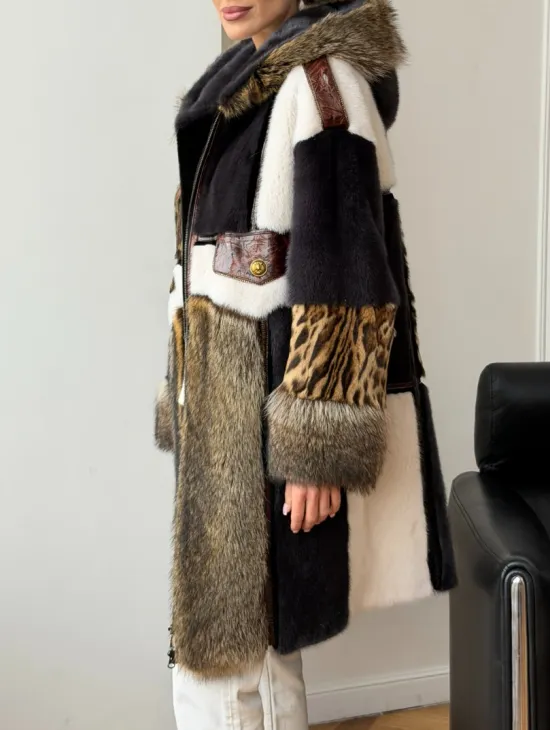 Комбинированная норковая шуба с капюшоном