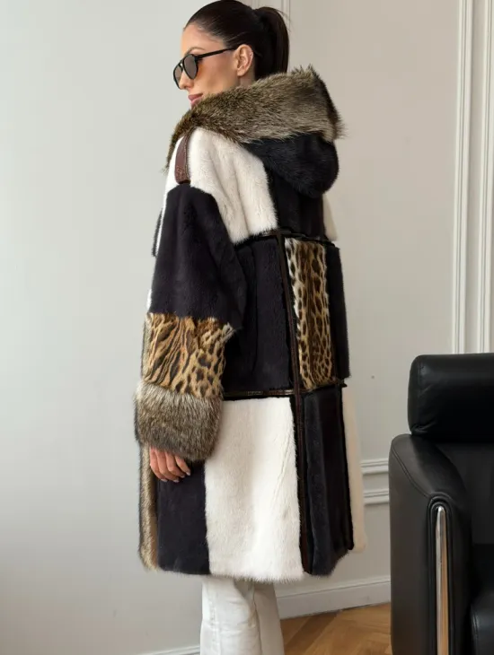Комбинированная норковая шуба с капюшоном