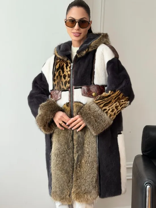 Комбинированная норковая шуба с капюшоном