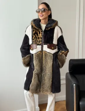 Комбинированная норковая шуба с капюшоном