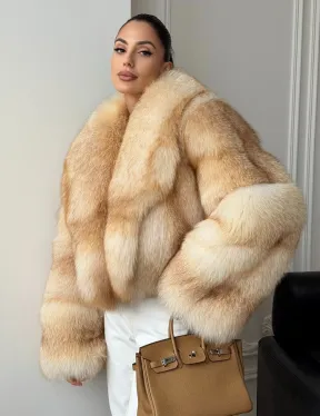 Полушубок-кроп с шалевым воротником из меха песца