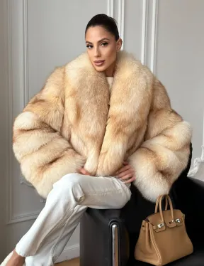 Полушубок-кроп с шалевым воротником из меха песца