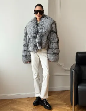 Кроп-полушубок с шалевым воротником из чернобурки