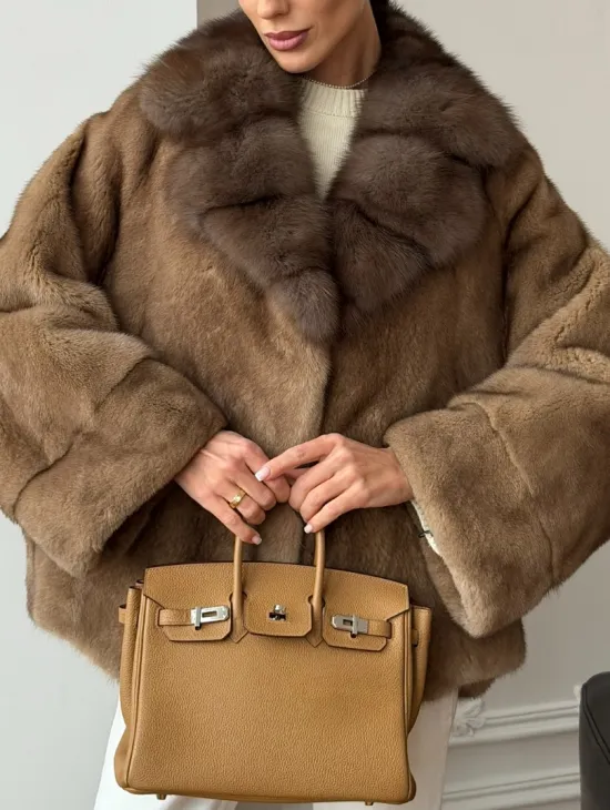 Норковый полушубок с воротником куницы 70 см