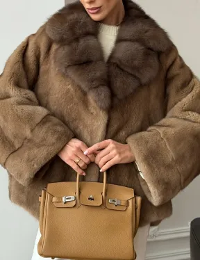 Норковый полушубок с воротником куницы 70 см