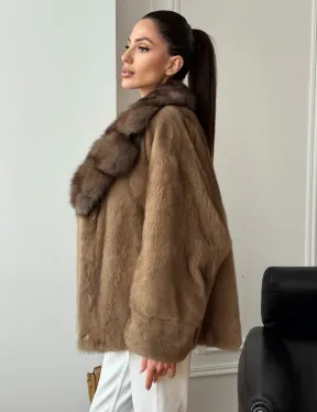 Норковый полушубок с воротником куницы 70 см