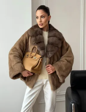 Норковый полушубок с воротником куницы 70 см