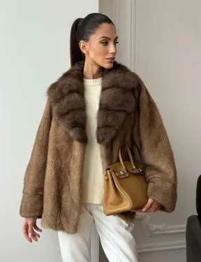 Норковый полушубок с воротником куницы 70 см