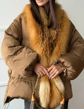 Женский пуховик оверсайз с мехом лисы