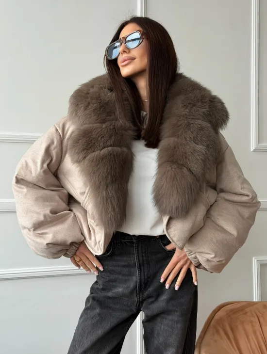 Зимний короткий пуховик с мехом - оверсайз