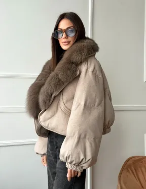 Зимний короткий пуховик с мехом - оверсайз